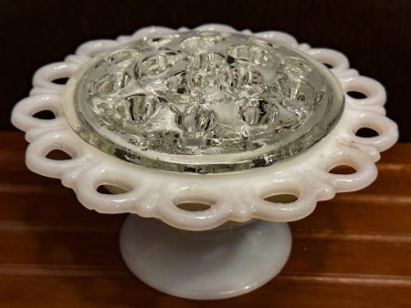 Vintage Anchor Hocking Open Lace Edge Milk Glass Compote with Glass Frogs - Collectible Online Sale